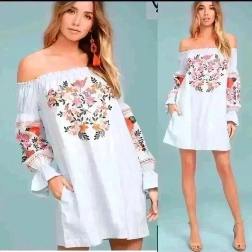 Free People Womens Blue Fleur Du Jour Embroidered Dress Off Shoulder Boho Sz S